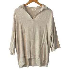 Umgee Linen Blend Raw Hem Collared Lagenlook Blouse Womens  Large